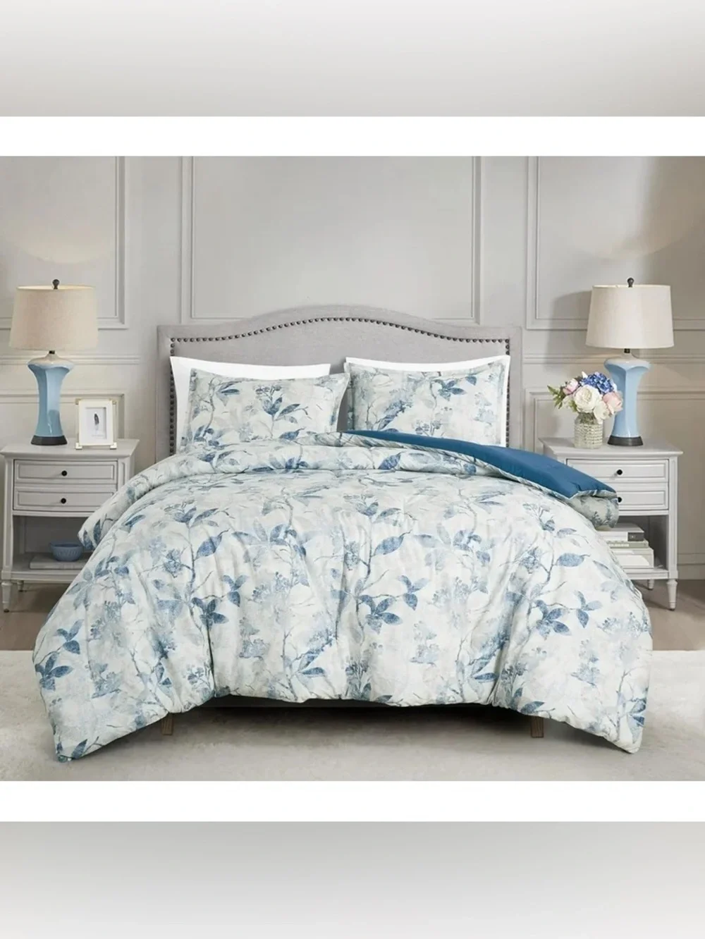 Blue Floral queen 3 piece Comforter Set